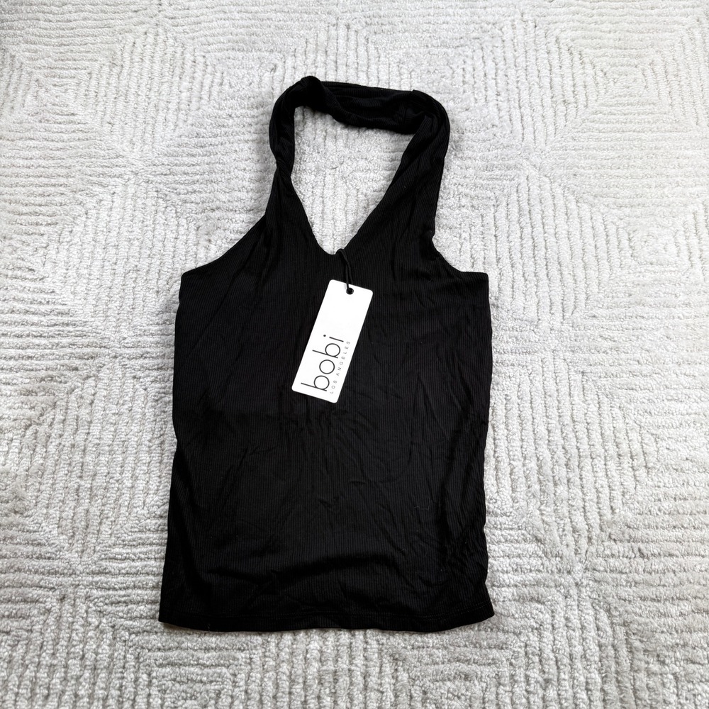 Bobi Halter Tank Top Women's XS Black Ribbed V-Neck Sleeveless NWT Minimalist